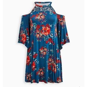 Torrid 00 Blue orange floral cold shoulder super soft dress boho vintage